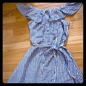 Blue and white striped off the shoulder dress